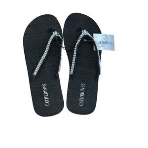 Catherines Black Rhinestone Womens Flip Flops With 2" Heel M(7W/8W) GiGi